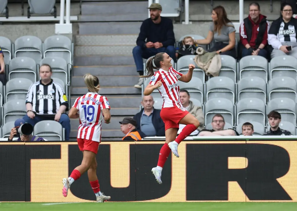 Vilda Boe Risa, del Atl&eacute;tico de Madrid, celebra el gol del 0-1 durante un partido amistoso de pretemporada entre el Newcastle United Women y el Atl&eacute;tico de Madrid Feminino en Newcastle, Reino Unido, el 9 de agosto de 2025. (F&uacute;tbol, Amistoso, Reino Unido). EFE/EPA/ADAM VAUGHAN